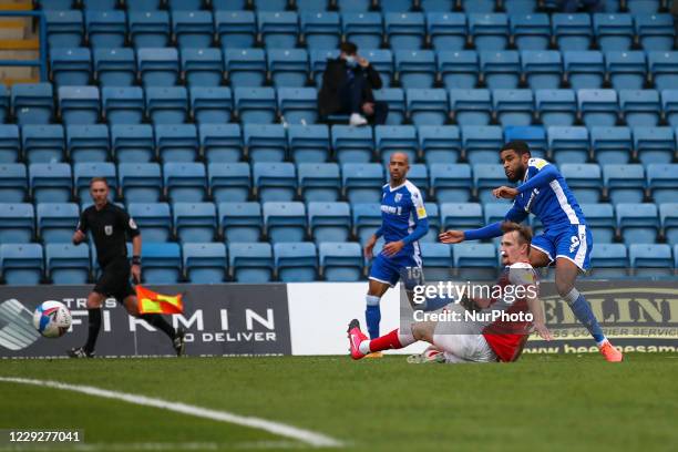 Dominic Samuel of Gillingham has a shot during the Sky Bet League 1 match between Gillingham and Fleetwood Town at the MEMS Priestfield Stadium,...