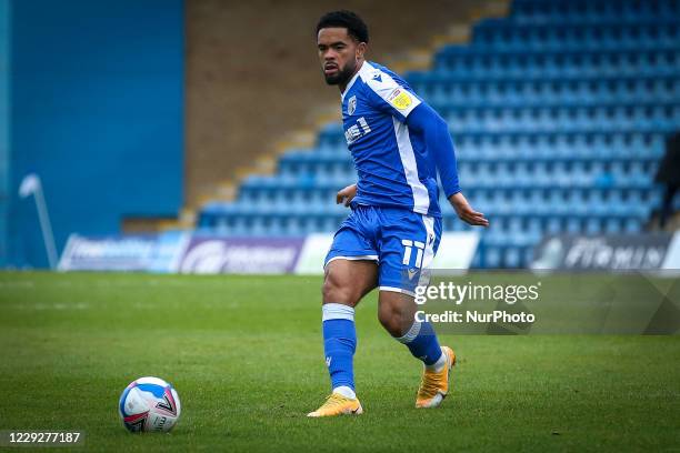 Trae Coyle of Gillingham on the ball during the Sky Bet League 1 match between Gillingham and Fleetwood Town at the MEMS Priestfield Stadium,...