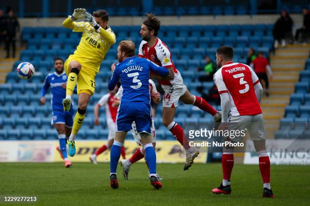 Jayson Leutwiler of Fleetwood Town cant get to the ball during the Sky Bet League 1 match between Gillingham and Fleetwood Town at the MEMS...
