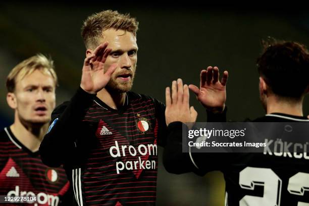 Nicolai Jorgensen of Feyenoord celebrates 1-1 with Orkun Kokcu of Feyenoord during the Dutch Eredivisie match between RKC Waalwijk v Feyenoord at the...