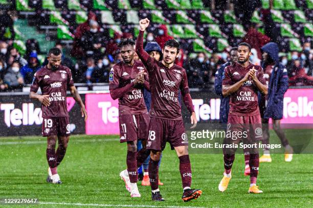 Metz players celebrating with supporters after winning Saint-Étienne during the Ligue 1 match between FC Metz and AS Saint-Etienne at Stade...