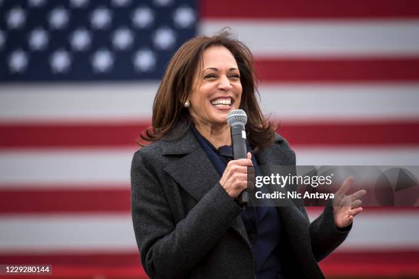 Democratic U.S. Vice Presidential nominee Sen. Kamala Harris speaks at the IBEW Local Union 58 on October 25, 2020 in Detroit, Michigan. Harris is...