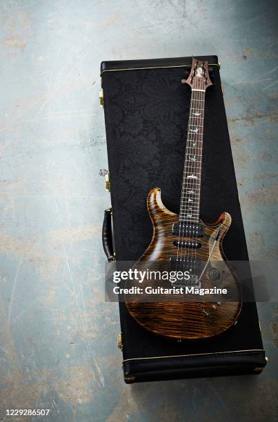 Private Stock Modern Eagle V Limited Run electric guitar with a Tiger Eye finish, taken on October 4, 2019.