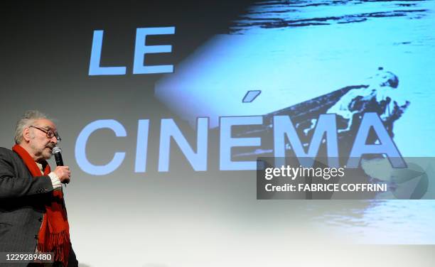 Swiss French New Wave director Jean-Luc Godard Godard delivers a speech after he received the "Grand Prix Design" during the Swiss Federal Design...