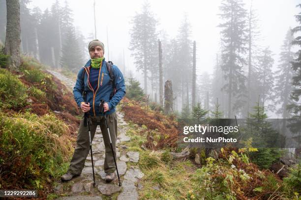 Hikers are seen walking in a forest amid Covid-19 pandemic in Beskidy mountains in the south of Poland on October 24, 2020. Since Saturday, October...