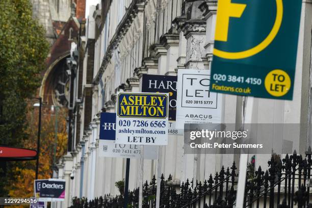 Letting signs are seen outside properties in Maida Vale on October 26, 2020 in London, England. As many young people renting rooms have left the...