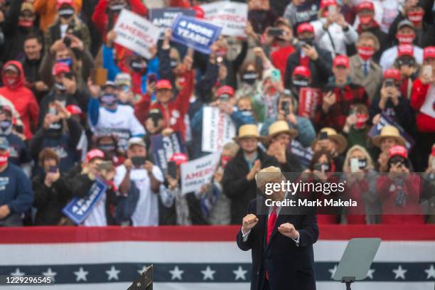 President Donald Trump dances to the song YMCA after speaking at a rally on October 26, 2020 in Lititz, Pennsylvania. With 8 days to go before the...