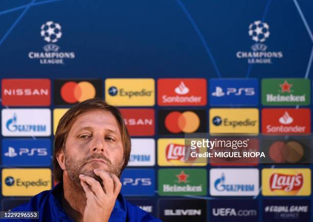 Olympiakos' Portuguese coach Pedro Martins holds a press conference at the Dragao stadium in Porto on the eve of the UEFA Champions League football...