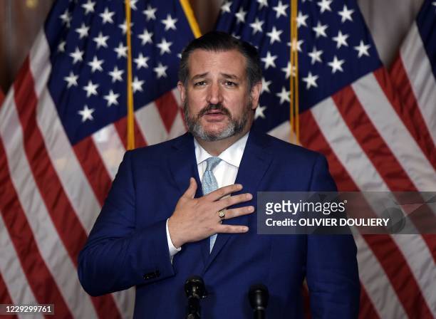 Republican Senator Ted Cruz speaks during a press conference after Supreme Court nominee Judge Amy Coney Barrett was confirmed by the Senate as the...