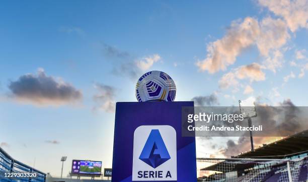 Official Serie A ball over a pedestal with Serie A logo printed is seen prior the Serie A football match between ACF Fiorentina and Udinese Calcio....