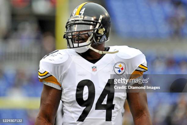 Linebacker Lawrence Timmons of the Pittsburgh Steelers on the field prior to a game against the Baltimore Ravens at M&T Bank Stadium on December 27,...