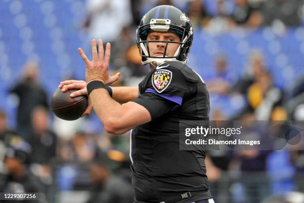 Quarterback Ryan Mallett of the Baltimore Ravens throws a pass prior to a game against the Pittsburgh Steelers at M&T Bank Stadium on December 27,...