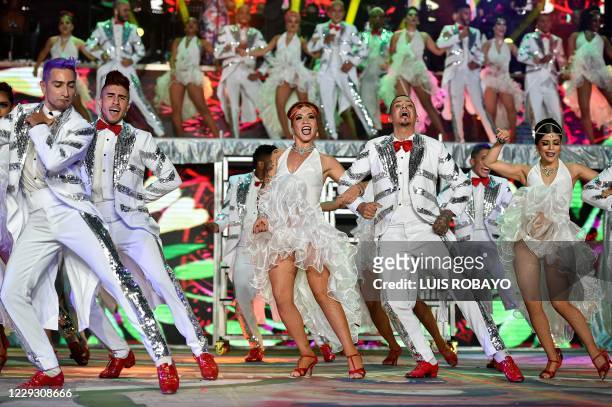Colombian salsa dancers Angie Osorio and Tito Ordonez perform during the 15th World Salsa Festival in Cali, Colombia, on October 12, 2020. - Cali was...
