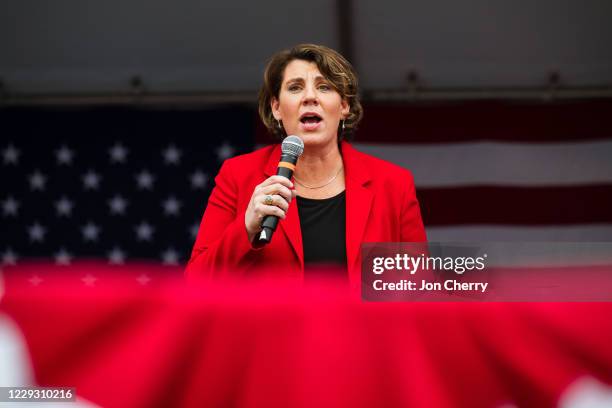 Democratic U.S. Senate candidate Amy McGrath speaks during an Early Vote rally at Lynn Family Stadium on October 27, 2020 in Louisville, Kentucky....
