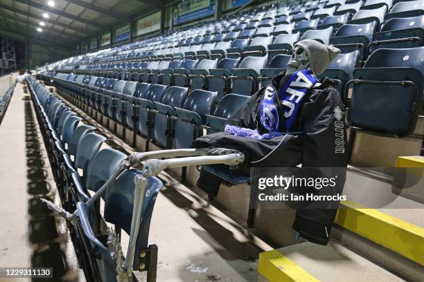 Skeleton fan, part of a Halloween tour in the stand before the Sky Bet League One match between Rochdale and Sunderland at Crown Oil Arena on October...