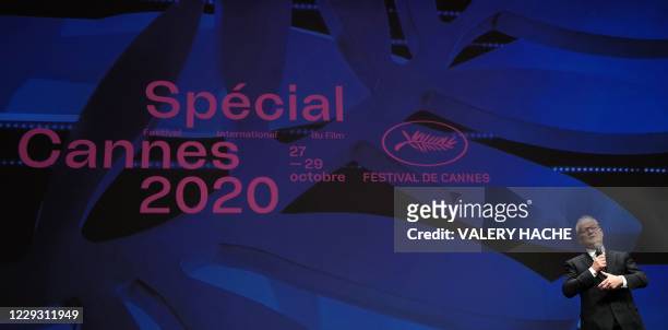 Cannes film festival general delegate Thierry Fremaux speaks as he presents Cannes 2020 Special, a mini-version of the Cannes Film Festival at the...