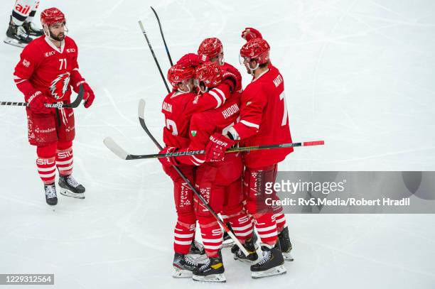 Charles Hudon of Lausanne HC celebrates his goal with teammates during the Ice Hockey National League match between Lausanne HC and HC Lugano at...