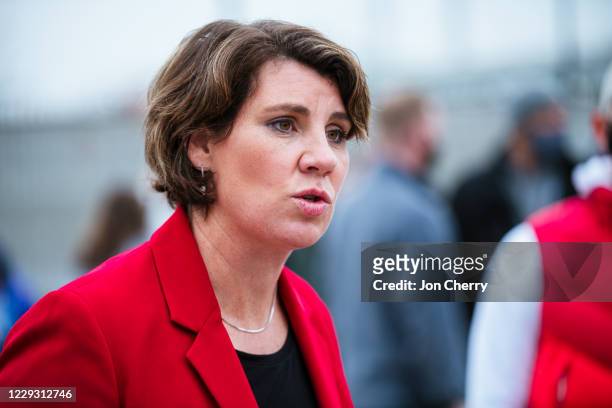 Democratic U.S. Senate candidate Amy McGrath speaks during an Early Vote rally at Lynn Family Stadium on October 27, 2020 in Louisville, Kentucky....