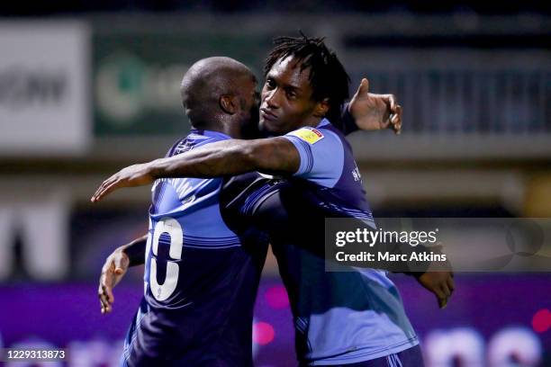 Anthony Stewart of Wycombe Wanderers celebrates his goal with Adebayo Akinfenwa during the Sky Bet Championship match between Wycombe Wanderers and...