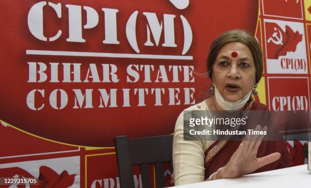 Leader Brinda Karat addresses a press conference, at the party office on October 27, 2020 in Patna, India.
