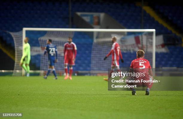 Gillingham's Jack Tucker taking some time to think after the final whistle during the Sky Bet League One match between Ipswich Town and Gillingham at...
