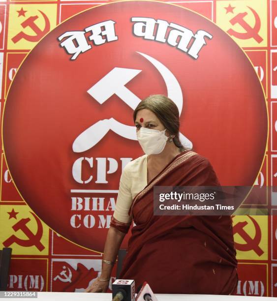 Leader Brinda Karat arrives for a press conference, at the party office on October 27, 2020 in Patna, India.