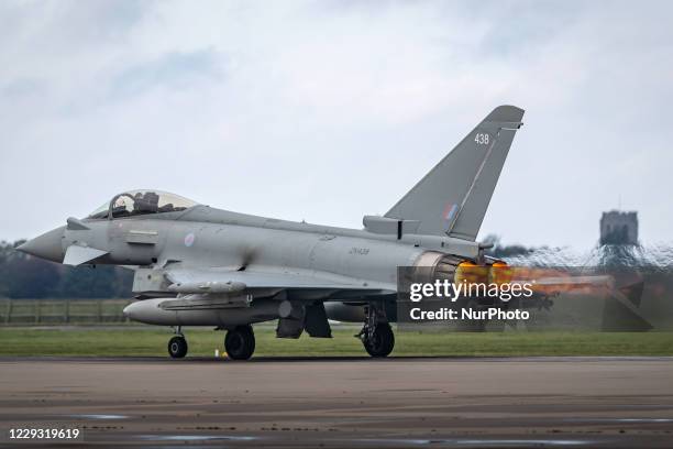 Royal Air Force Eurofighter Typhoon FGR4 lights the afterburner for a performance takeoff RAF Coningsby. Tuesday 20 October 2020.