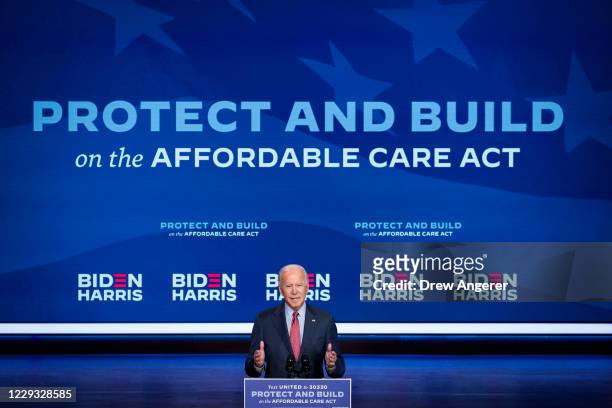 Democratic presidential nominee Joe Biden delivers remarks about the Affordable Care Act and COVID-19 after attending a virtual coronavirus briefing...