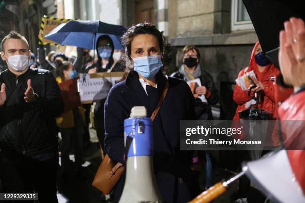 French - Greek Member of the European Parliament Chrysoula Zacharopoulou talks in front of Polish, mainly Women who demonstrate in front of the...