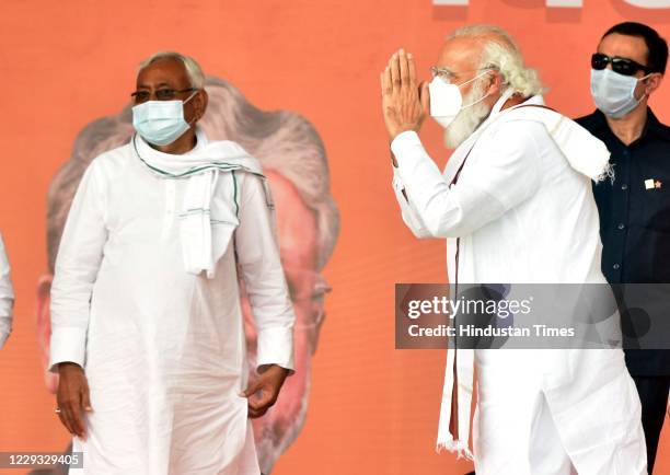 Prime Minister Narendra Modi and Bihar Chief minister Nitish Kumar during a campaign rally to garner support for NDA candidates in Bihar Assembly...