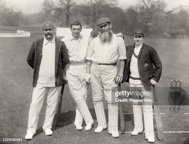 London County cricketers, left to right, Billy Murdoch, CB Fry, Dr WG Grace and Les Poidevin, at the Crystal Palace Cricket Ground in London, circa...