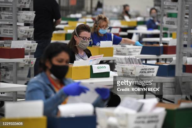 Election workers extract mail-in ballots from their envelopes and examine the ballot for irregularities at the Los Angeles County Registrar...