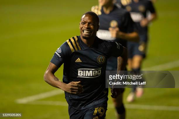 Cory Burke of Philadelphia Union reacts after scoring a goal against the Chicago Fire in the second half at Subaru Park on October 28, 2020 in...