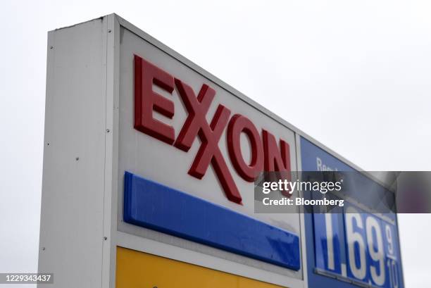 Signage at an Exxon Mobil Corp. Gas station in Houston, Texas, U.S., on Wednesday, Oct. 28, 2020. Exxon is scheduled to release earnings figures on...