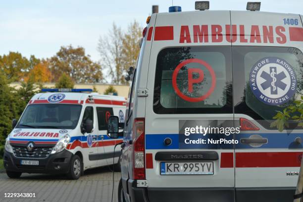 Ambulances parked in Krakow's headquarters of the Ambulance Services. The number of COVID-19 infected in Poland is growing rapidly, and three days in...