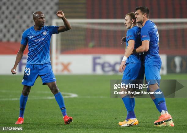 Jan Matousek of Slovan Liberec celebrates after scoring with team mates Kamso Mara and Matej Chalus during the UEFA Europa League Group L stage match...