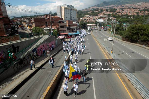 Aerial view of former members of guerrilla group FARC-EP during a march to Bogotá to demand compliance of peace deal signed with national government...