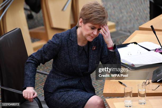 Nicola Sturgeon MSP First Minister attends First Minister's Questions at the Scottish Parliament Holyrood on October 29, 2020 in Edinburgh, Scotland.