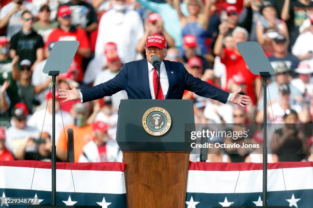 President Donald Trump gives a campaign speech just four days before Election Day outside of Raymond James Stadium on October 29, 2020 in Tampa,...