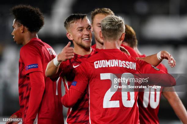 Albert Gudmundsson of AZ Alkmaar celebrates 4-0 with Jesper Karlsson of AZ Alkmaar during the UEFA Europa League match between AZ Alkmaar v Rijeka at...