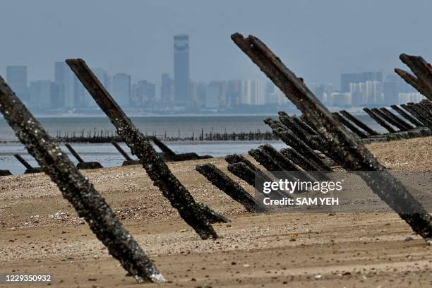 This photo taken on October 20, 2020 shows anti-landing spikes placed along the coast of Taiwan's Kinmen islands, which lie just 3.2 kms from the...