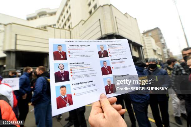 Demonstrator holds a placard depicting judges during a protest action of representatives of different Ukrainian political parties and movements...