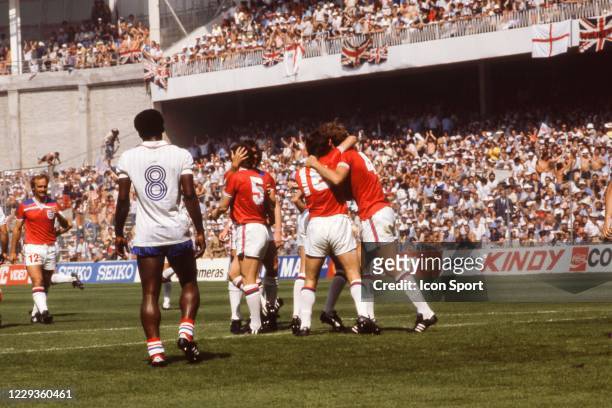Bryan Robson of England celebrate his goal with his team-mates during the World Cup match between England and France, at San Mames Stadium, Bilbao,...