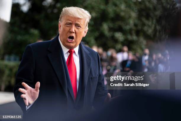 President Donald Trump speaks to the press outside of the White House on October 30, 2020 in Washington, DC. President Trump will travel to Michigan,...