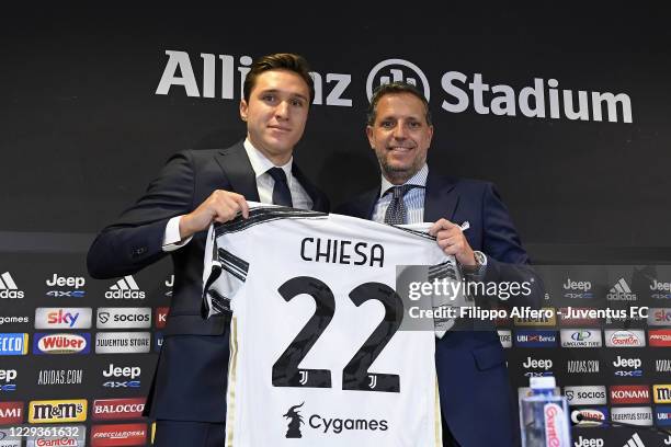 Juventus New Signing Federico Chiesa and Fabio Paratici attend Meeting With The Press, Allianz Stadium and JMuseum tour on October 30, 2020 in Turin,...