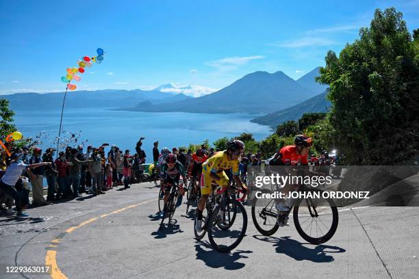 Guatemalan Mardoqueo Vasquez , wearing the leader's yellow jersey, competes during the stage 8 of the Vuelta a Guatemala cycling race in San Pablo La...