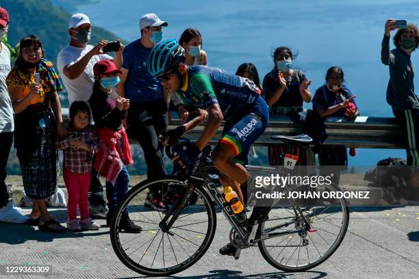 Guatemalan Dilson Orozco competes during the stage 8 of the Vuelta a Guatemala cycling race in San Pablo La Laguna, 165 km west of Guatemala City, on...