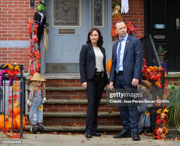 Marisa Ramirez and Donnie Wahlberg are seen on the set of 'Blue Bloods' on October 30, 2020 in New York City.