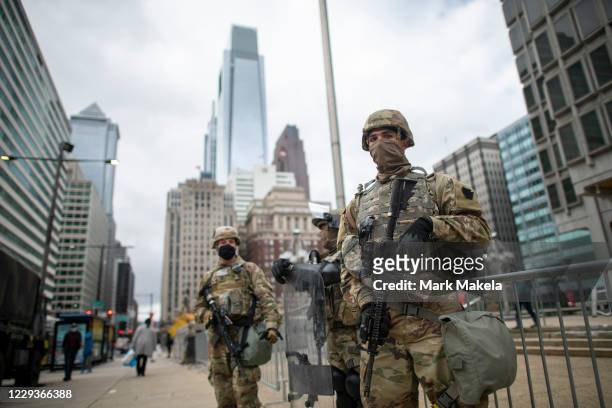 National Guard members patrol the area around Philadelphia City Hall on October 30, 2020 in Philadelphia, Pennsylvania. In response to widespread...