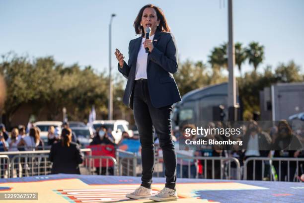 Senator Kamala Harris, Democratic vice presidential nominee, speaks during a get out the vote campaign event in Edinburg, Texas, U.S., on Friday,...